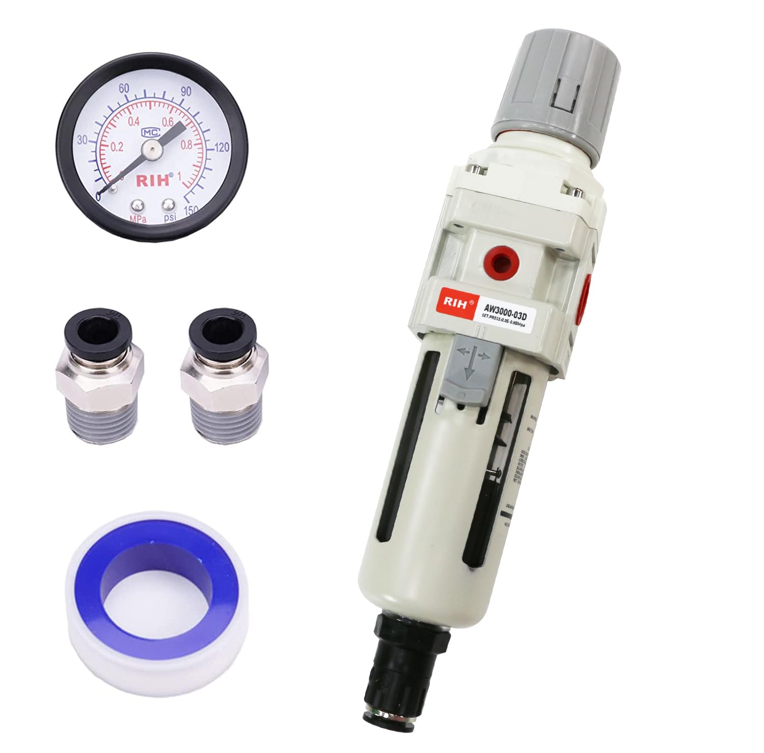 Druckluftreglerfilter 1/4" & 3/8" Npt, 5 Μm Messingpatrone, Polymerbecher, Halb-/automatische Spülung, Metallhalterung, Manometer 0–150 Psi, Druckluftwerkzeug