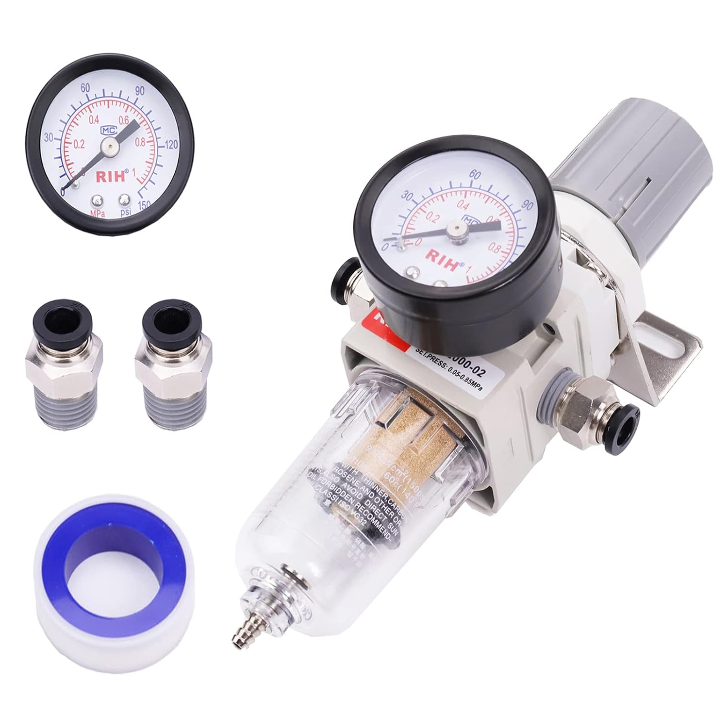 1/4"-npt-druckluftreglerfilter, 5-µm-messingpatrone, Polymerbecher, Halbautomatische Spülung, Metallhalterung, Manometer (0–150 Psi), Druckluftwerkzeug