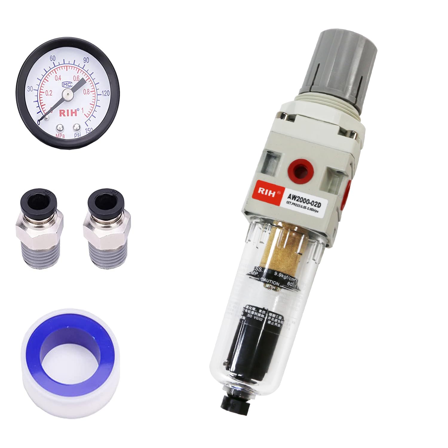 1/4"-npt-druckluftreglerfilter, 5-µm-messingpatrone, Polymerbecher, Halb-/automatische Spülung, Metallhalterung, Manometer (0–150 Psi), Druckluftwerkzeug