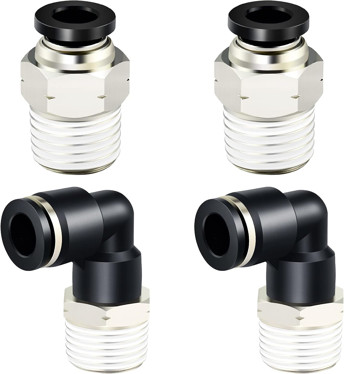Kombinierte Rechtwinklige Und Gerade Schnellkupplung Pc-1/4-n2+pl-1/4-n2, Ø 1/4" & 5/16" Npt-gewinde 1/4" & Npt 3/8", 4er-pack, Schwarz Und Silber, 5/16" Außendurchmesser X 3/8" Npt
