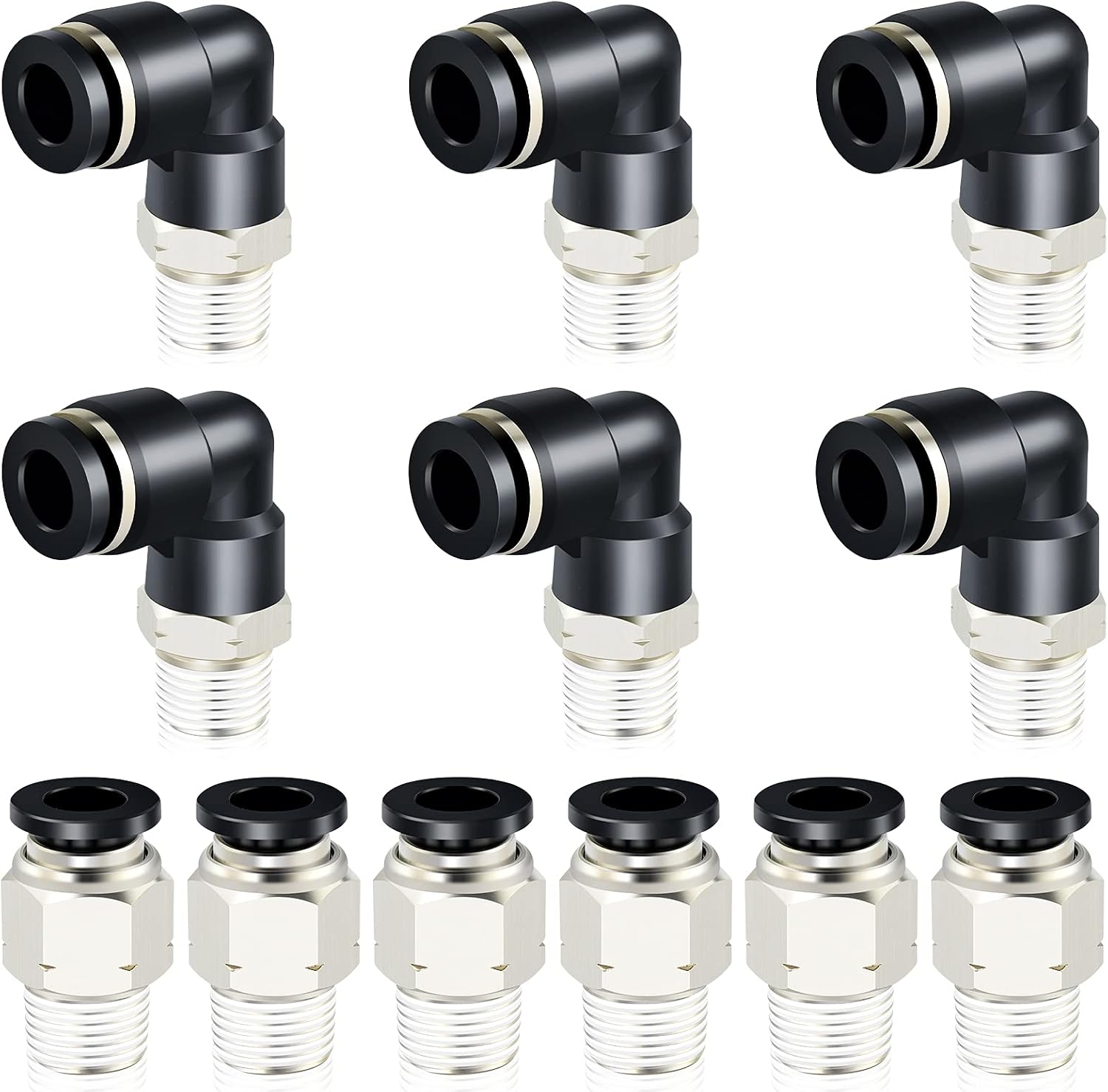 Kombinierte Rechtwinklige Und Gerade Schnellkupplung Pc-1/4-n2+pl-1/4-n2, Ø 1/4" & 5/16" Npt, 1/4" & Npt 1/8" Gewinde, 12er-packung, Schwarz Und Silber, 5/16" Außendurchmesser X 1/8" Npt