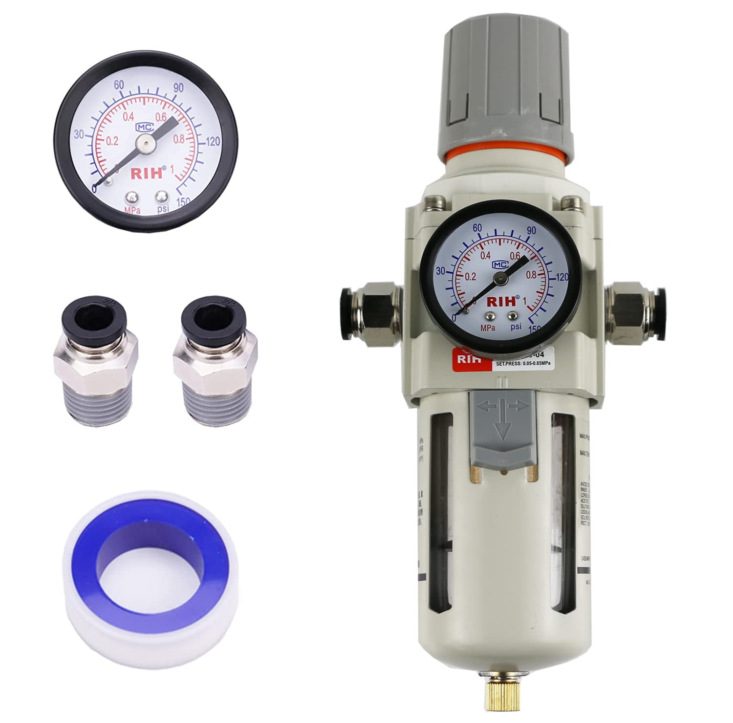 Druckluftreglerfilter 1/4" & 1/2" Npt, 5 Μm Messingpatrone, Polymerbecher, Halbautomatische Spülung, Metallhalterung, Manometer 0–150 Psi, Druckluftwerkzeug