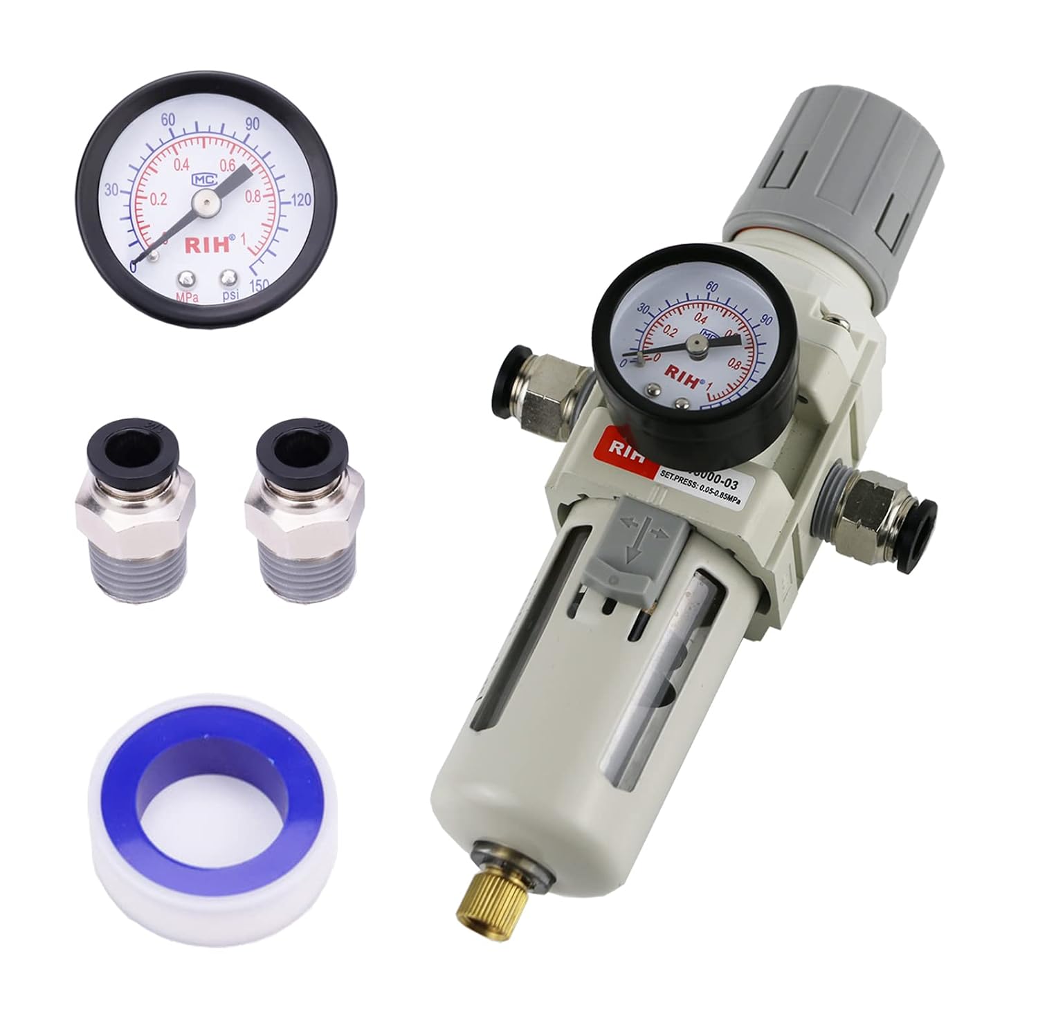 Druckluftreglerfilter 1/4" & 3/8" Npt, 5 Μm Messingpatrone, Polymerbecher, Halbautomatische Spülung, Metallhalterung, Manometer 0–150 Psi, Druckluftwerkzeug