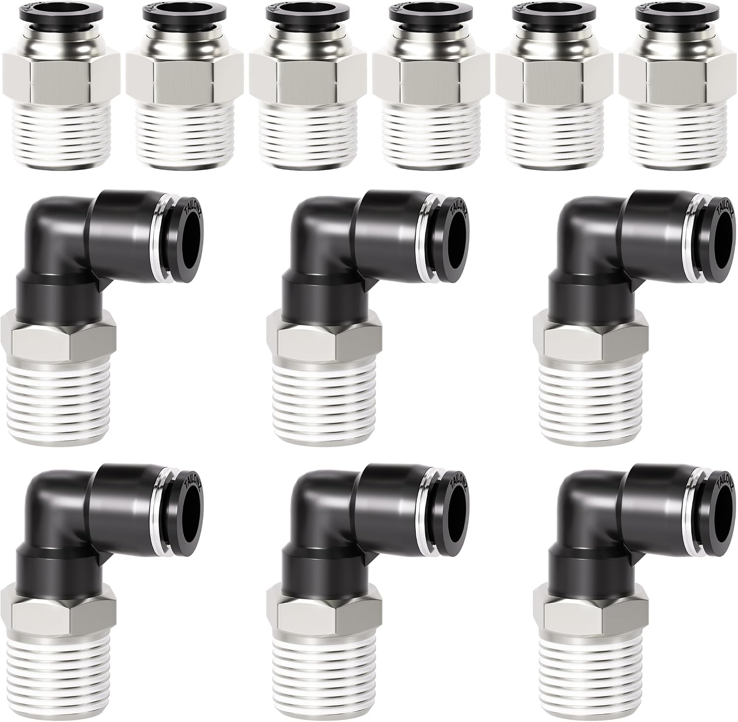 Kombination Aus Rechtwinkligen Und Geraden Verbindern, Außendurchmesser (12er-packung), 1/2" Od X 3/8" Npt-gewinde, Schwarz Und Silber.