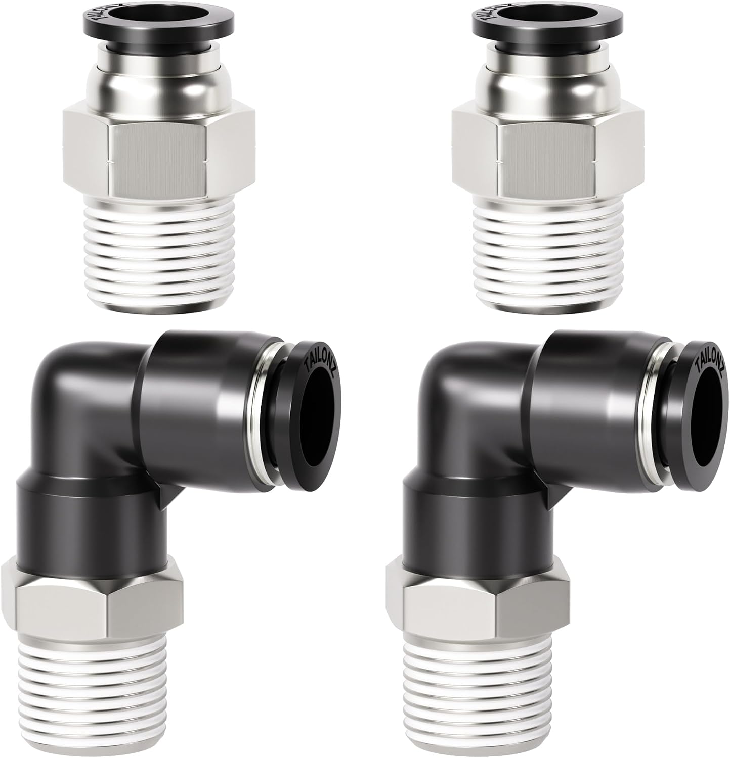 Kombinierte Rechtwinklige Und Gerade Schnellkupplung Pc-1/4-n2+pl-1/4-n2, 1/4"- Und 1/2"-npt-gewinde, 4er-pack, Schwarz Und Silber
