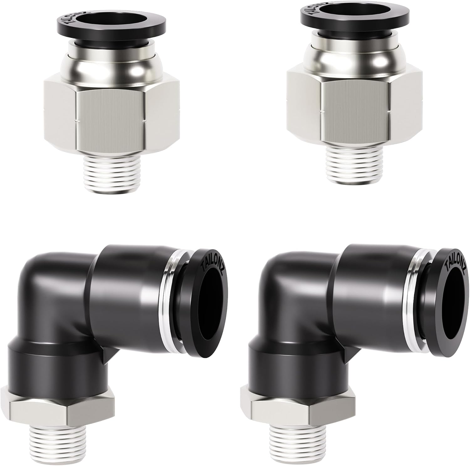 Kombinierter Rechtwinkliger Und Gerader Schnellverbinder Pc-1/4-n2+pl-1/4-n2, Ø 1/4" & 1/2" Npt, 1/4" & Npt 1/8" Gewinde, 4er-packung, Schwarz Und Silber, 1/2" Außendurchmesser X 1/8" Npt