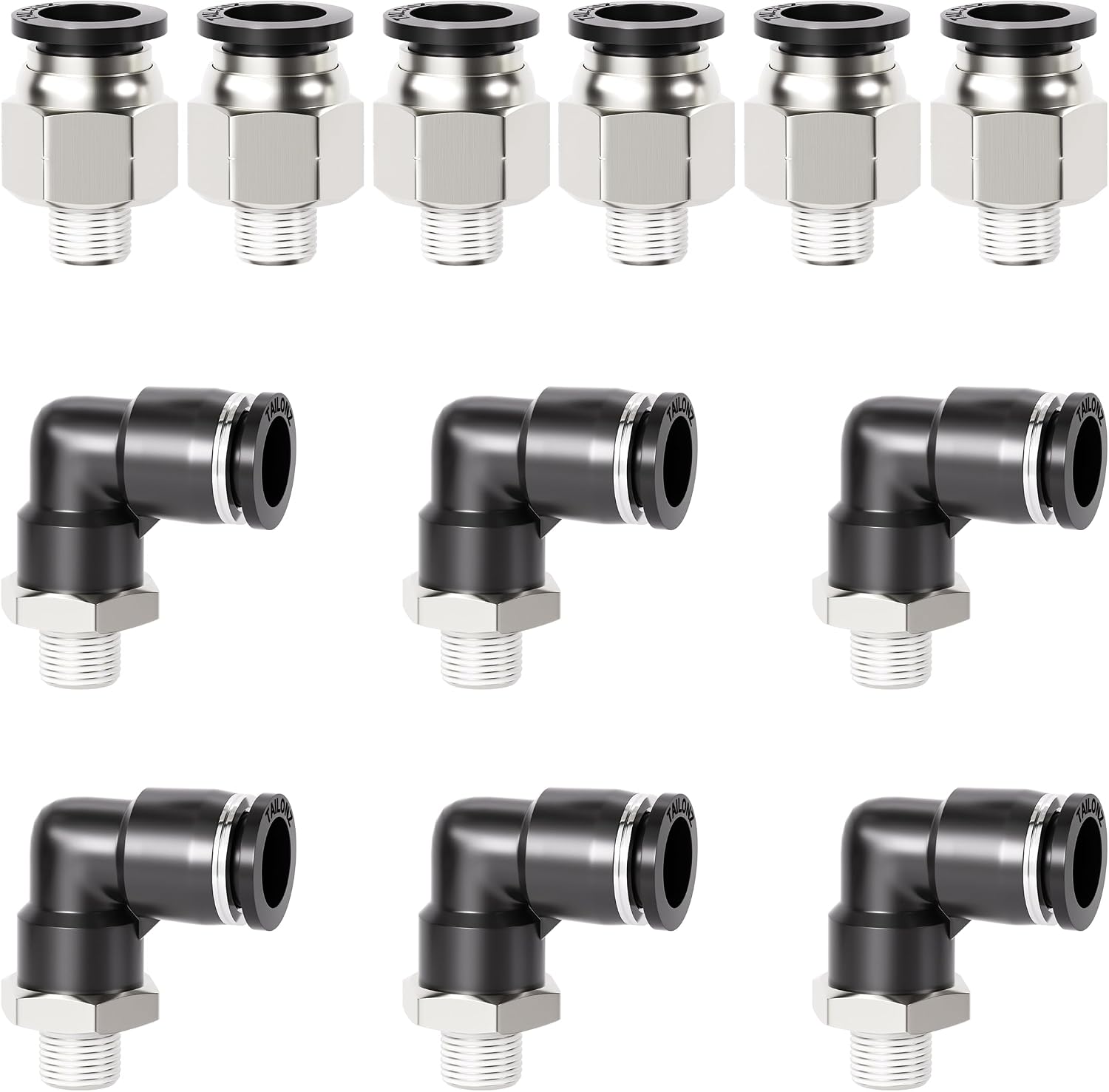 Kombinierter Rechtwinkliger Und Gerader Schnellverbinder Pc-1/4-n2+pl-1/4-n2, 1/4"- Und 1/2"-npt-gewinde, 12er-packung, Schwarz Und Silber