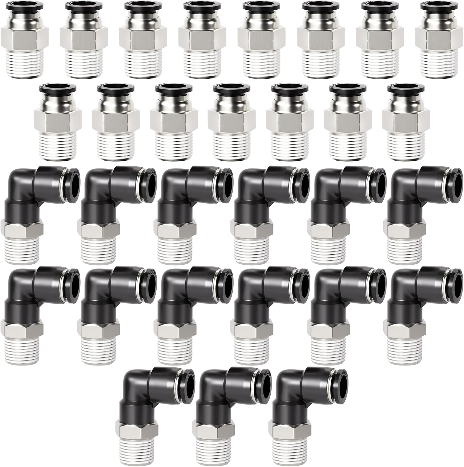 Kombinierte Rechtwinklige Und Gerade Schnellkupplung Pc-1/4-n2+pl-1/4-n2, 1/4"-npt-gewinde, 30-teilige Packung, Schwarz Und Silber, 1/4"-außendurchmesser X 1/4"-npt