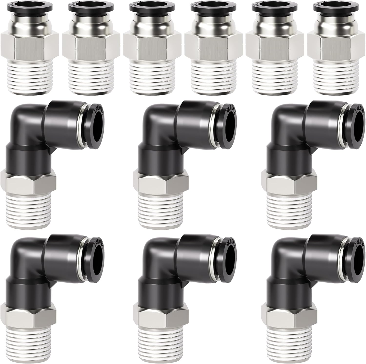 Kombinierter Rechtwinkliger Und Gerader Schnellverbinder Pc-1/4-n2+pl-1/4-n2, 1/4-zoll-npt-gewinde, 12er-packung, Schwarz Und Silber, 1/4" Außendurchmesser X 1/4" Npt