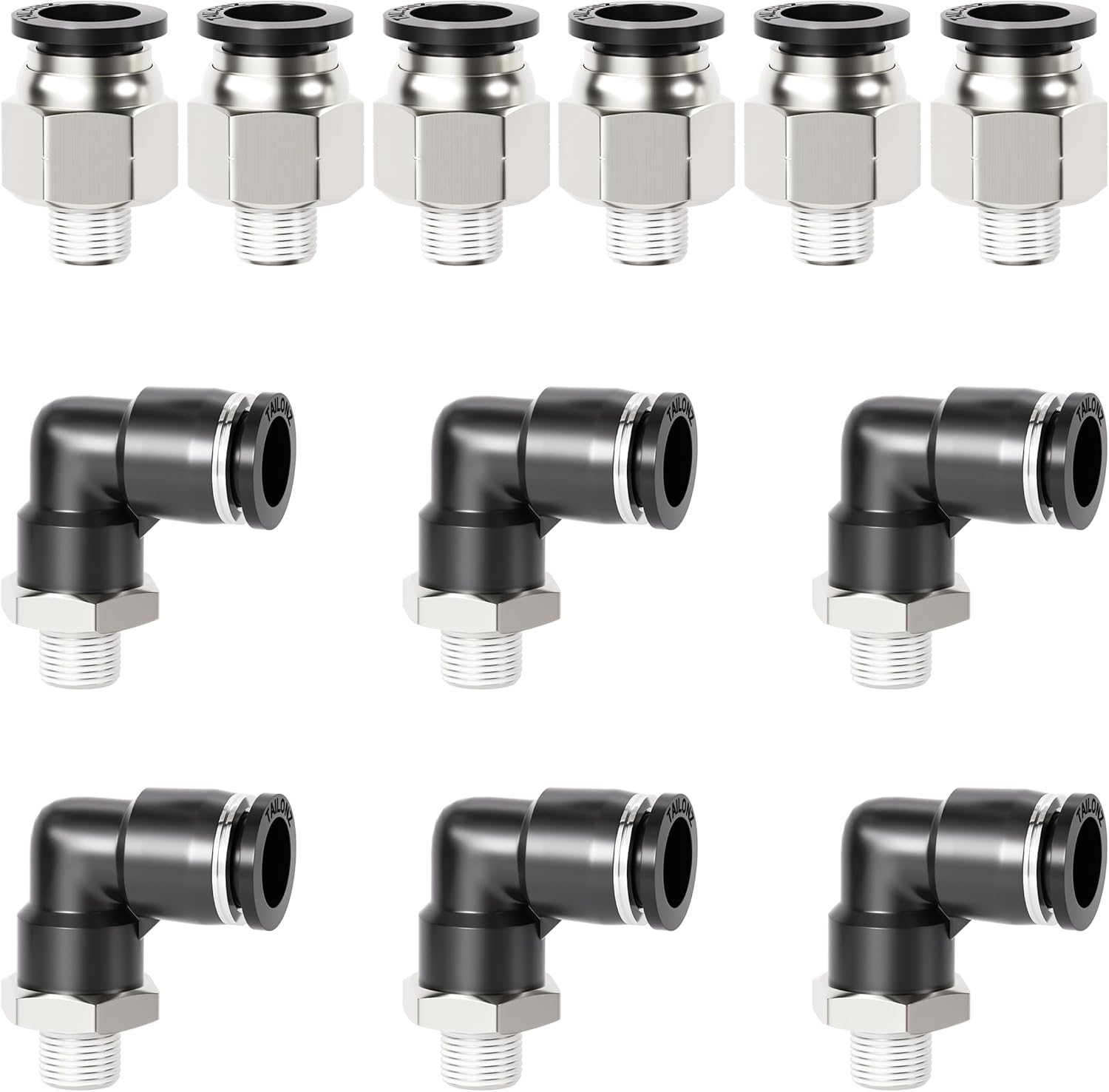 Kombinierte Rechtwinklige Und Gerade Schnellkupplung Pc-1/4-n2+pl-1/4-n2, 1/4" & 3/8" Npt-gewinde, 1/4" & 1/8" Npt, 12er-packung, Schwarz Und Silber, 3/8" Außendurchmesser X 1/8" Npt
