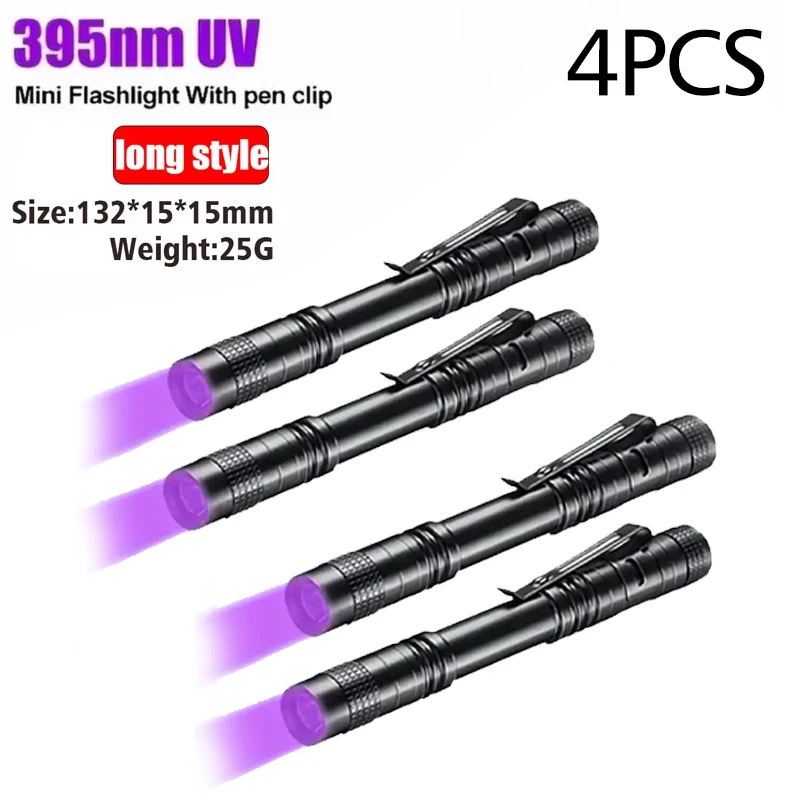 Uv-taschenlampe (395 Nm) Mit Stiftclip, Batteriebetrieben (aaa), Violettes Licht, Nachweis Von Tier- Und Skorpionurin, Lange Uv-röhre – 4er-pack