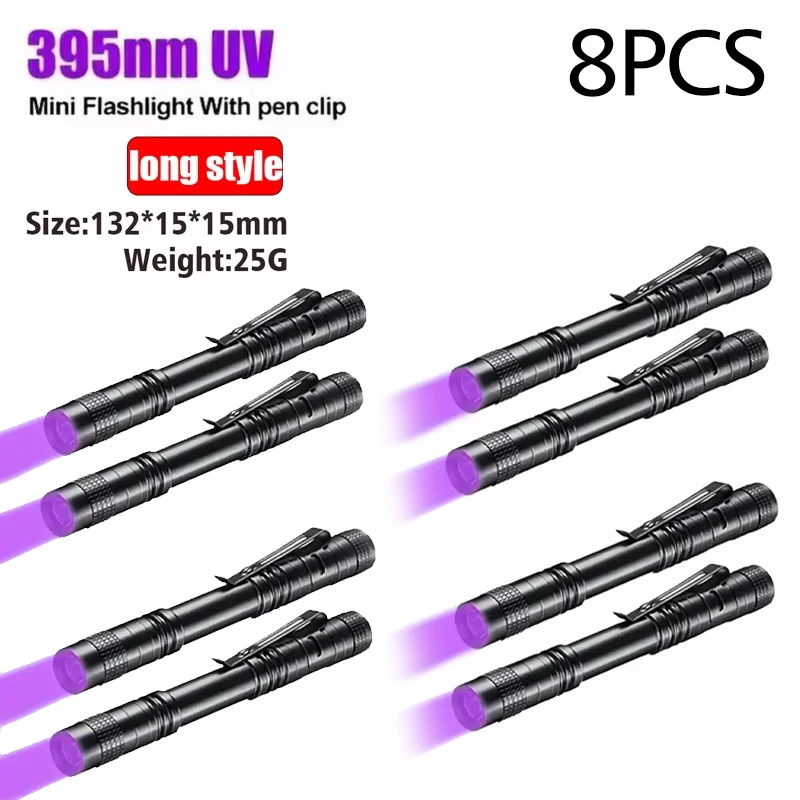 Uv-taschenlampe (395 Nm) Mit Stiftclip, Batteriebetrieben (aaa), Violettes Licht, Nachweis Von Tier- Und Skorpionurin, Uv-taschenlampe Mit Großer Reichweite – 8er-pack