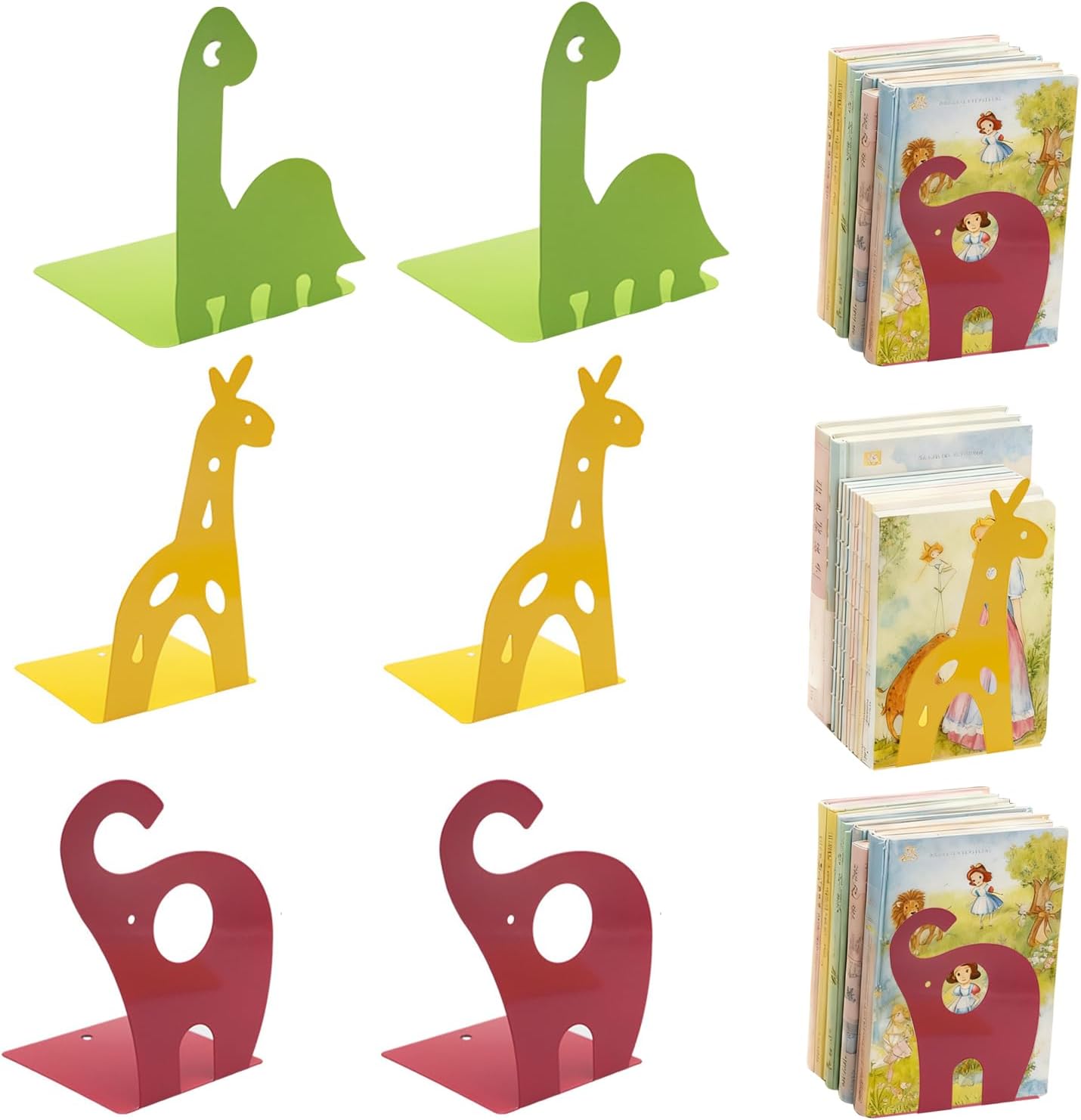 Paar Tier-buchstützen Aus Metall Für Kinder: Gelbes Reh, Roter Elefant Und Grüner Dinosaurier