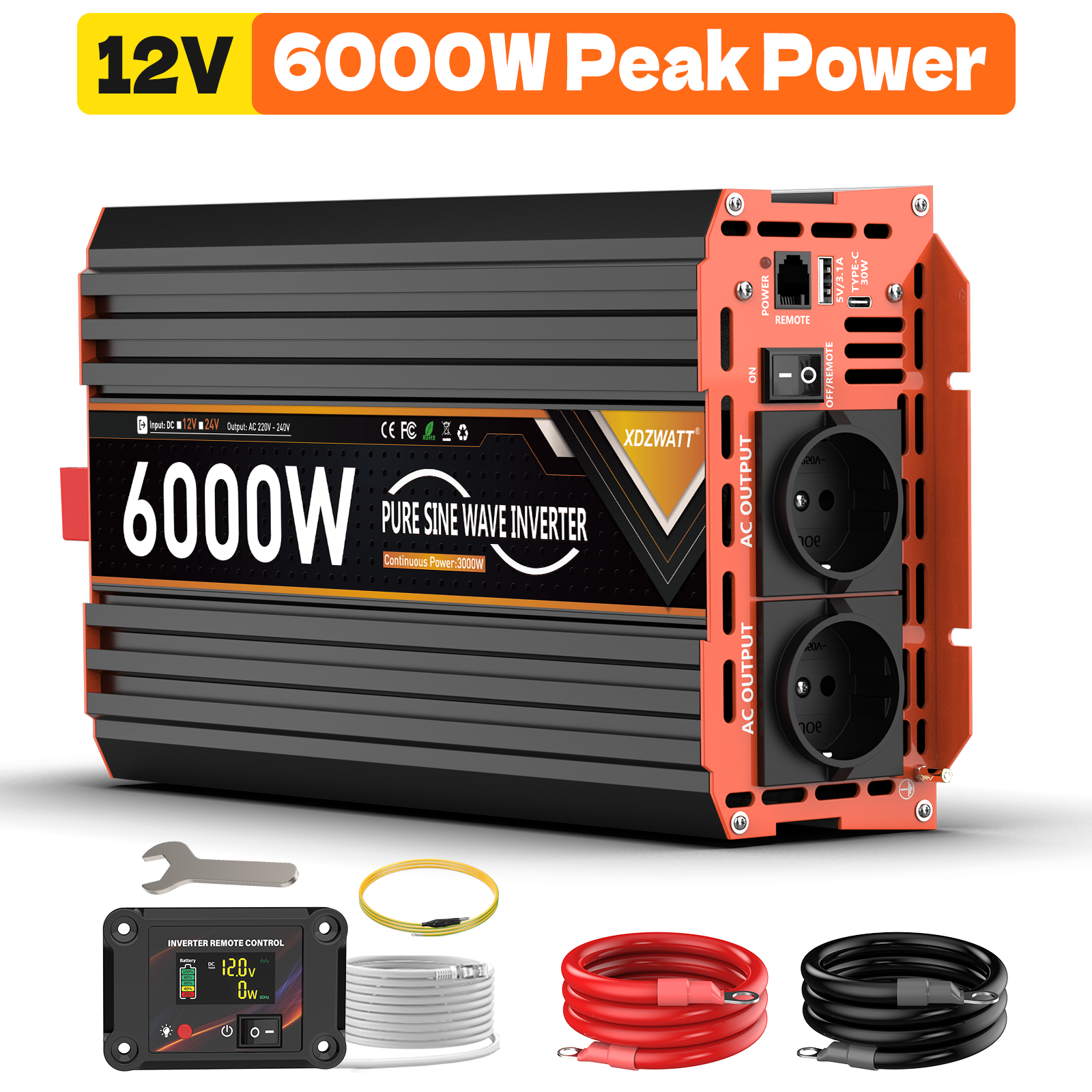 Spannungswandler 12v Auf 230v – Reiner Sinus 3000w Dauerleistung 6000w Spitzenleistung – Überhitzungs- Und Kurzschlussschutz