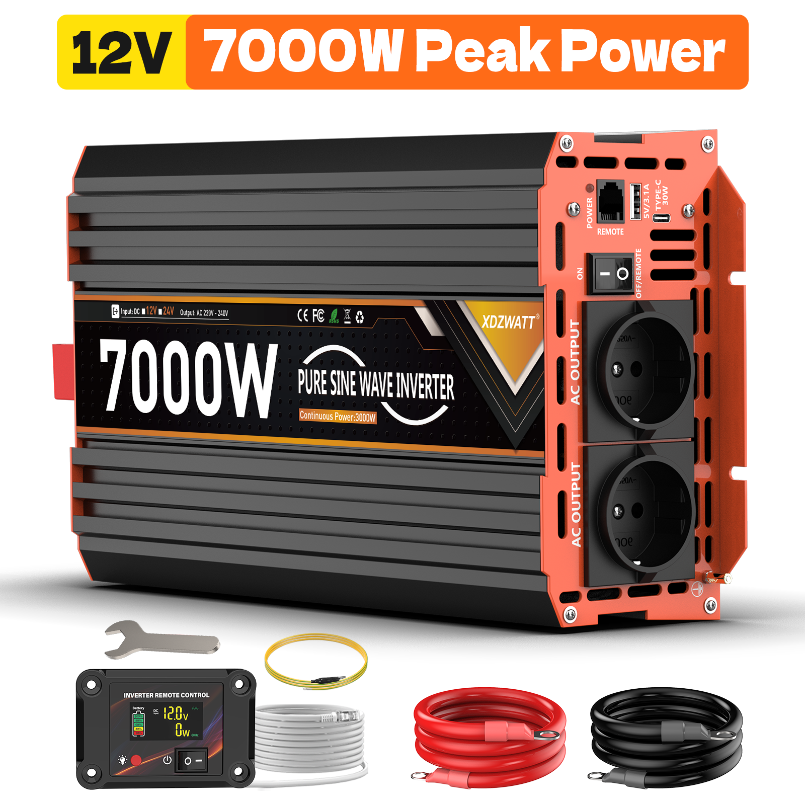 Spannungswandler 12v Auf 230v – Reiner Sinus 3000w Dauerleistung 7000w Spitzenleistung – Überhitzungs- Und Kurzschlussschutz