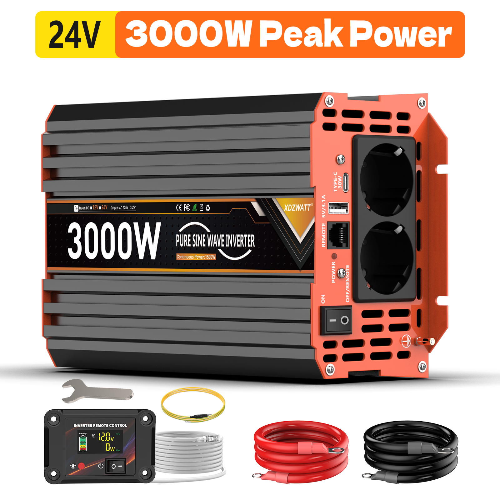 Spannungswandler 24v Auf 230v – Reiner Sinus 1500w Dauerleistung 3000w Spitzenleistung – Überhitzungs- Und Kurzschlussschutz