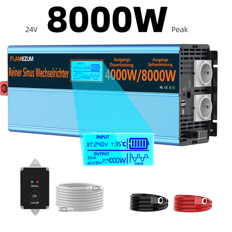 Spannungswandler 24v Auf 230v – Reiner Sinus‑wechselrichter 4000w Dauerleistung 8000w Spitzenleistung – Schutz Vor Überhitzung Und Kurzschluss