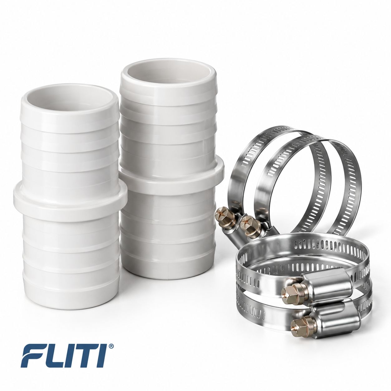 Fliti 38mm Pvc-anschlussset, Weiß – Schlauchverbinder Für Aufstellpools Mit 2 Hülsen Und 4 Universellen Edelstahlklemmen