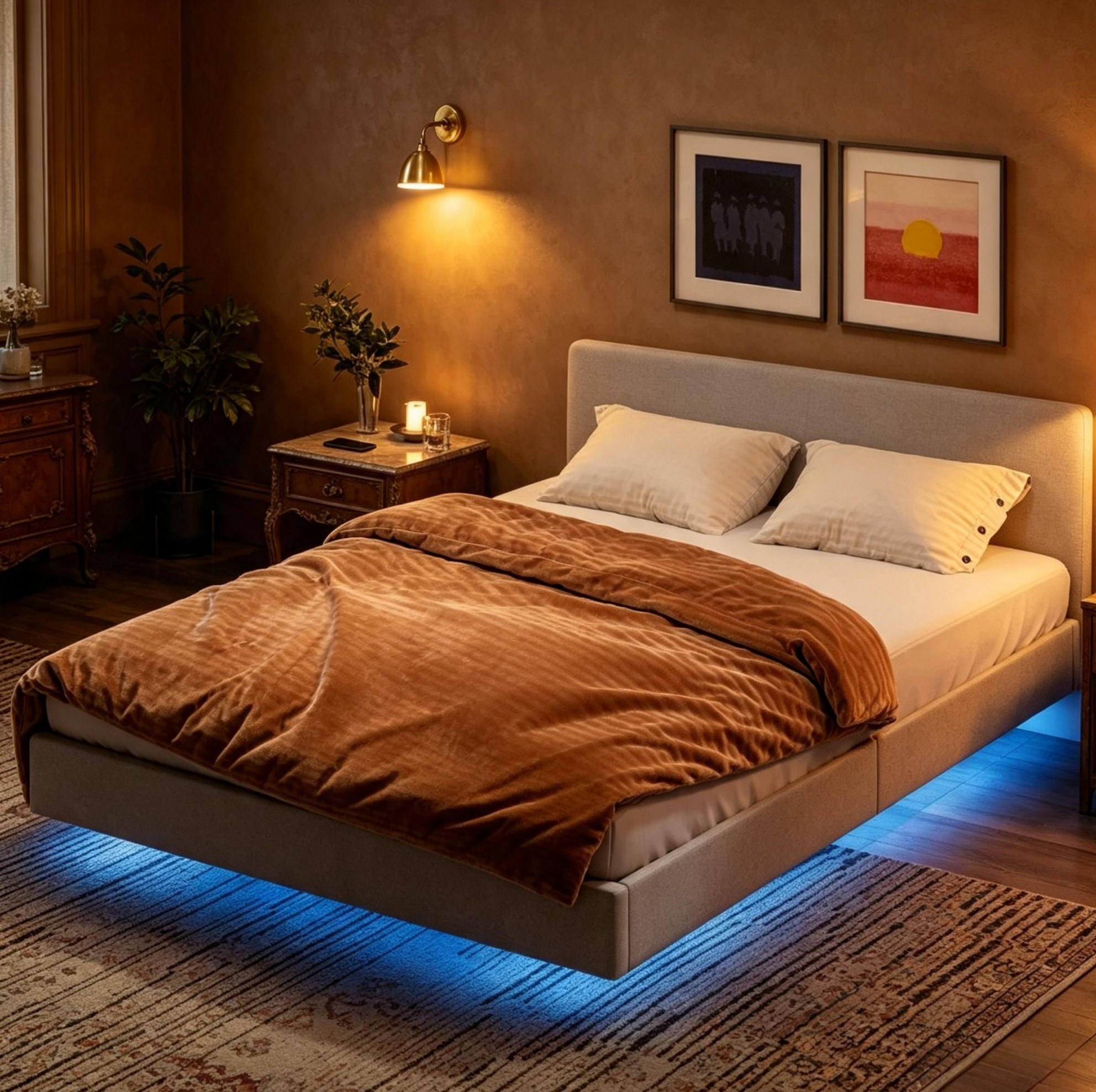 Schwimmbettrahmen 140x190 Cm Mit Led-beleuchtung – Modernes Leinen-doppelbett Mit Rgb-lichter, Holzlattenrost & Stabiler Tragkraft