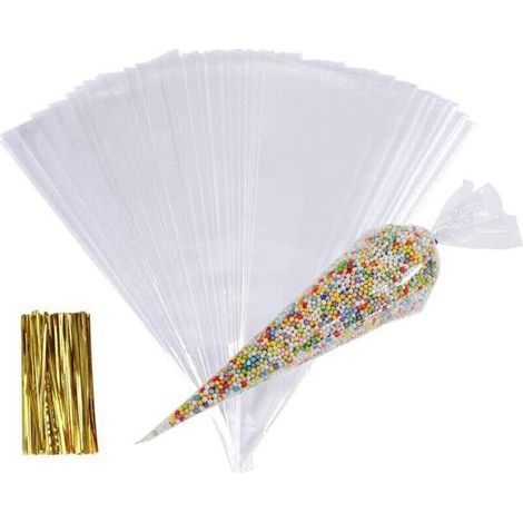 Süßigkeitentüten. 100 Transparente, Kegelförmige Plastiktüten Mit 100 Verschlusskappen. Zellophanverpackung Für Süßigkeiten, Kekse Und Gastgeschenke. 16 X 30 Cm