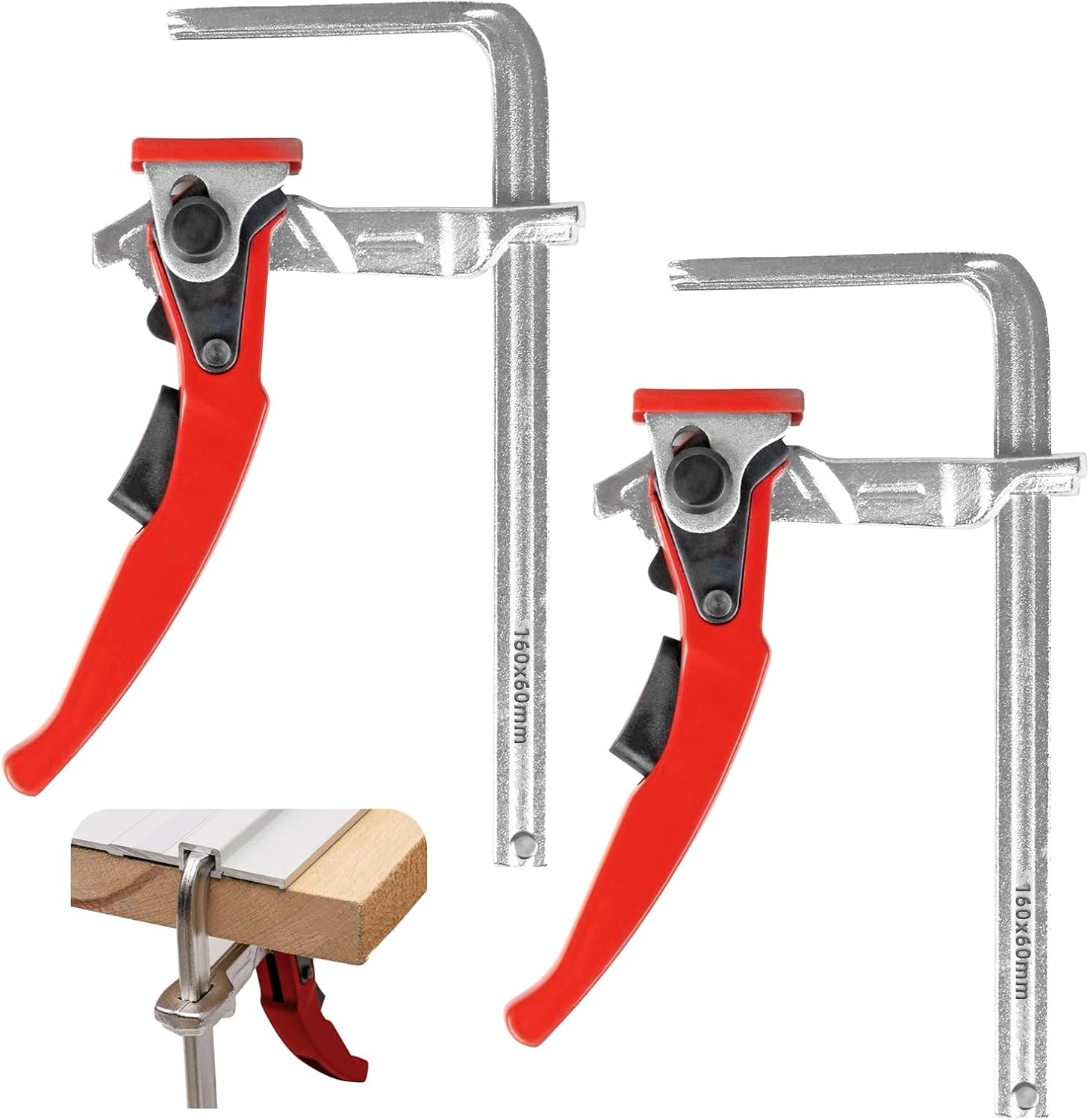 Set Aus 2 Tischschraubstöcken Aus Stahl, Hebelklemmen, Schnellspannsystem, 160 Mm Spannweite, 60 Mm Ausladung. Geeignet Zum Schleifen Und Trennen.