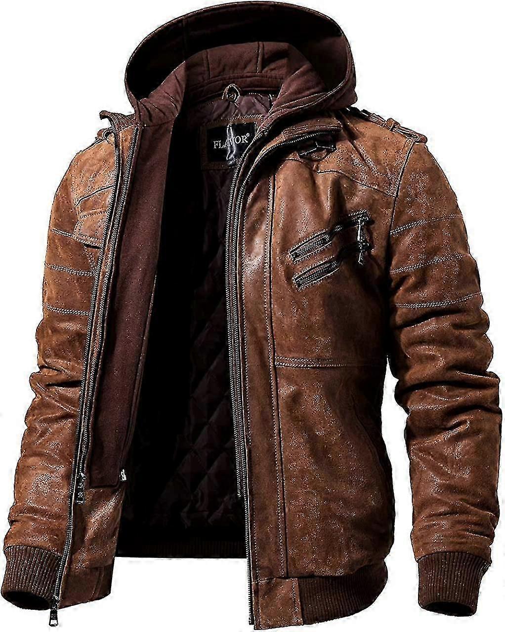 Braune Leder-motorradjacke Für Herren Mit Abnehmbarer Kapuze - Yujia