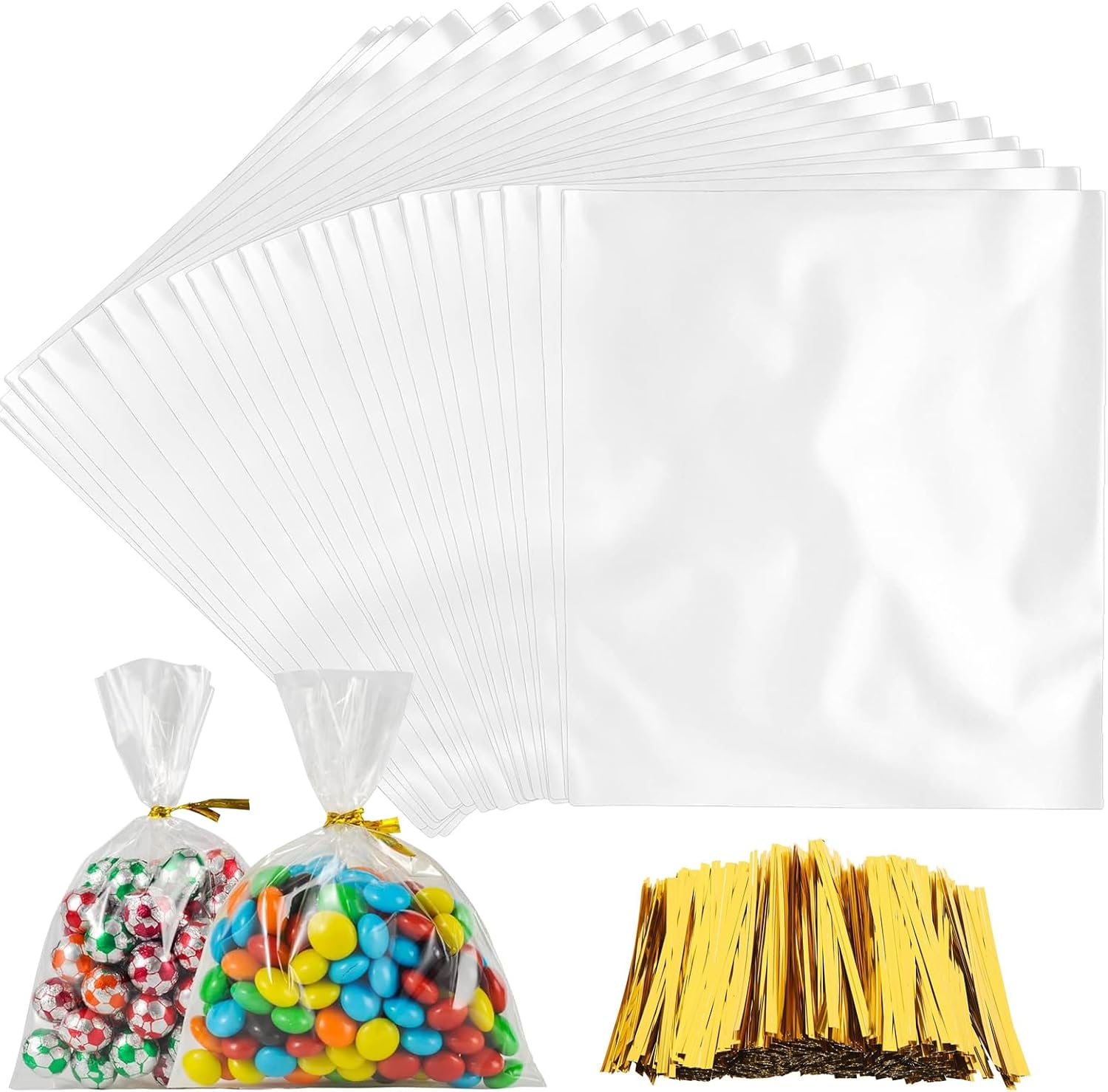 300 Durchsichtige Plastiktüten (15 X 10 Cm) Mit 300 Goldenen Bändern – Ideal Für Süßigkeiten, Kekse Und Geschenke – Perfekt Für Partys, Hochzeiten Und Kulinarische Veranstaltungen – Kompatibel Mit Ele