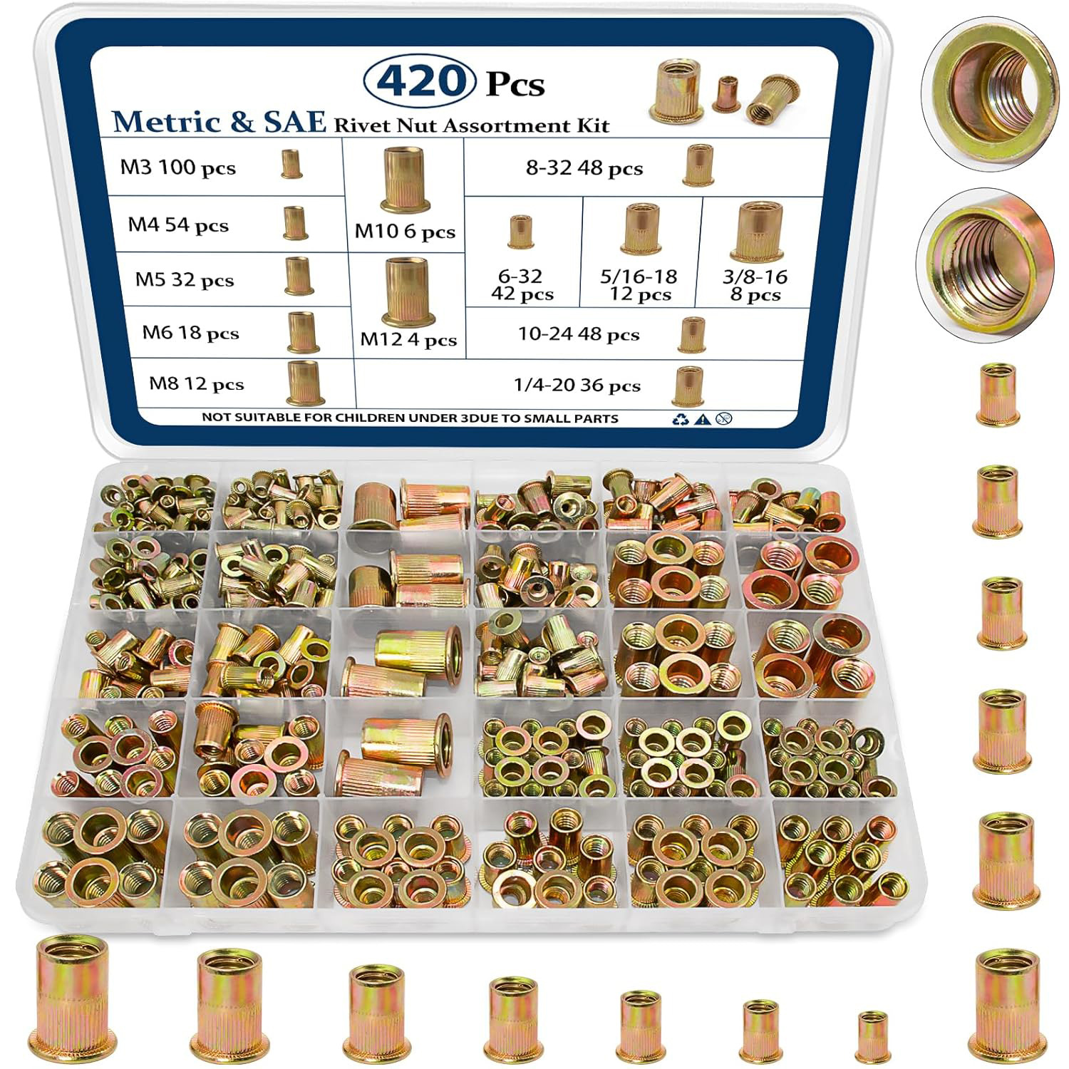 Metrische Und Sae-nietmuttern, Sortiment (420 Stück), M3, M4, M5, M6, M8, M10, M12, 6-32, 8-32, 10-24, 1/4"-20, 5/16"-18, 3/8"-16 Unc, Flachkopf-nietmuttern, Geeignet Für Verzinkte Oberflächen, Kohlen