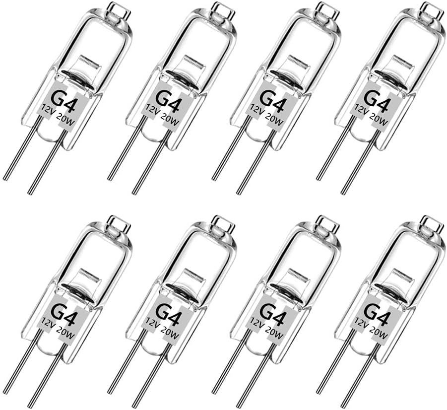 8er-pack G4-halogenlampen, Warmweiß, 12 V, 20 W, 2800 K, 240 Lm, Dimmbar, Mit Transparenten Kappen. Kompatibel Mit Runden Lampen Und Kronleuchtern.
