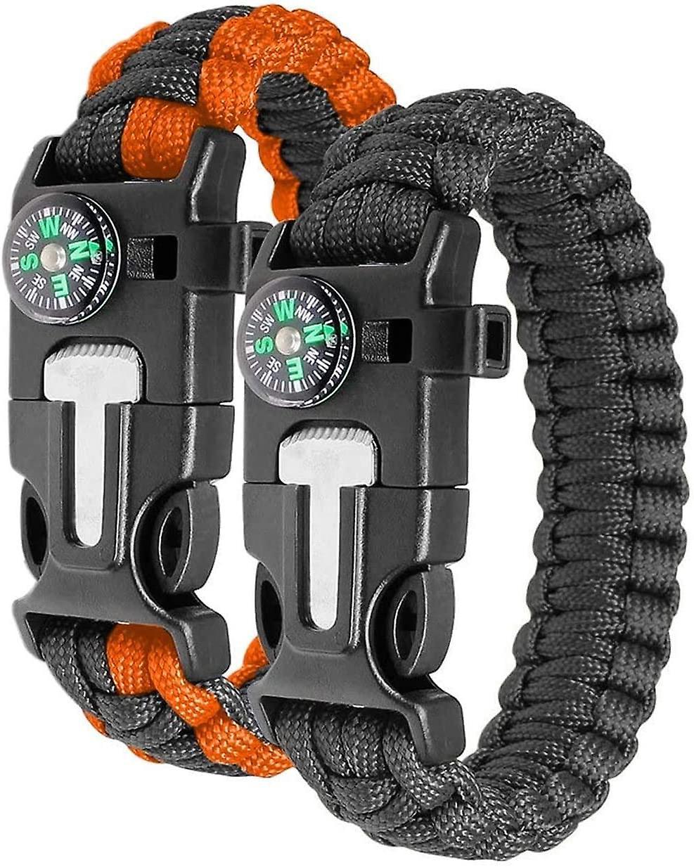 Notfallarmband – Feuerstarter, Pfeife, Kompass – 2er-pack, Schwarz