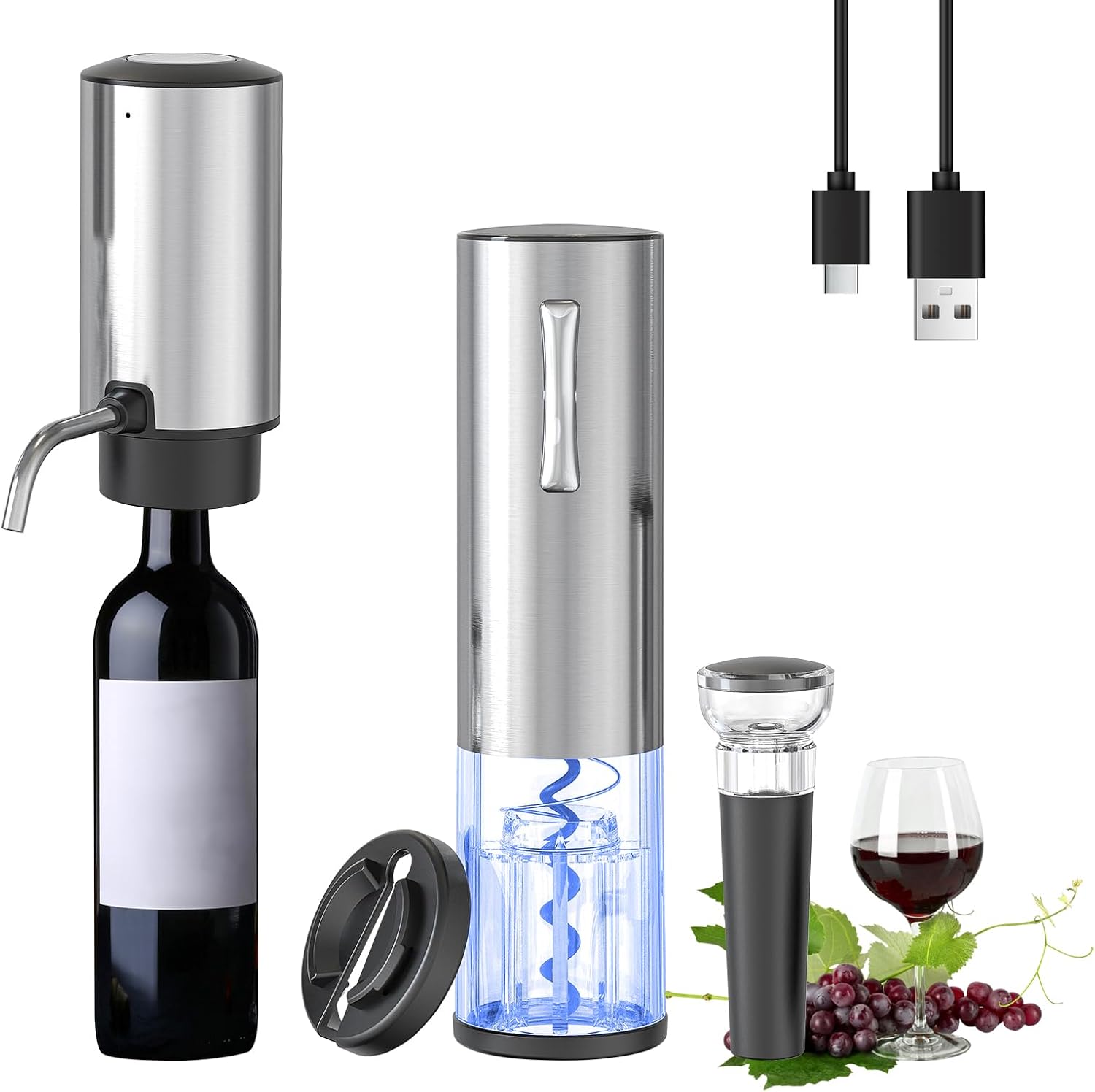 Wiederaufladbarer Elektrischer 5-in-1-korkenzieher Mit Elektrischem Weinausgießer, Dekanter, Schaumschneider Und Vakuumpumpe. Ideal Für Zuhause, Bars Und Als Geschenk.