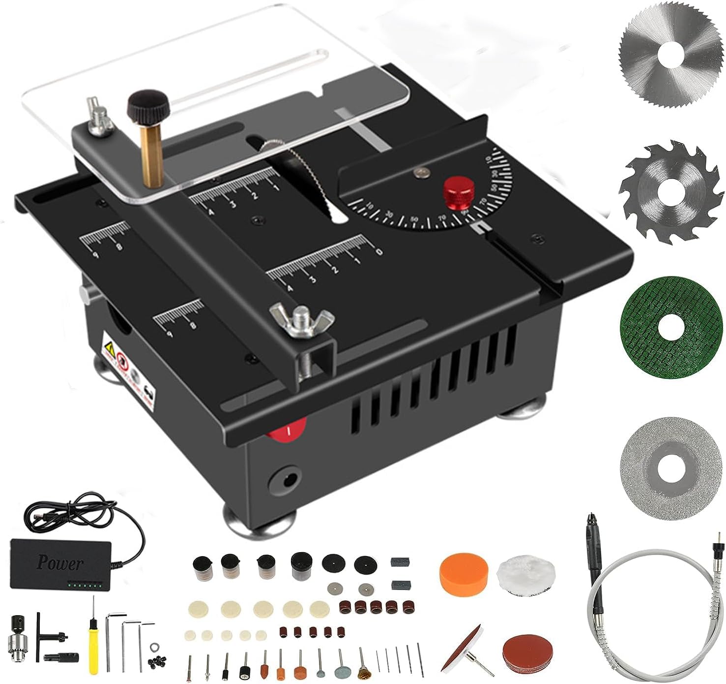 Tragbare Mini-tischkreissäge Mit 100 W Leistung, 4 Sägeblättern, Einstellbarer Geschwindigkeit Und Schnittstärke Von 0,1 Bis 16 Mm, Ideal Für Präzise Heimwerkerarbeiten, Bastelarbeiten Und Holzbearbei