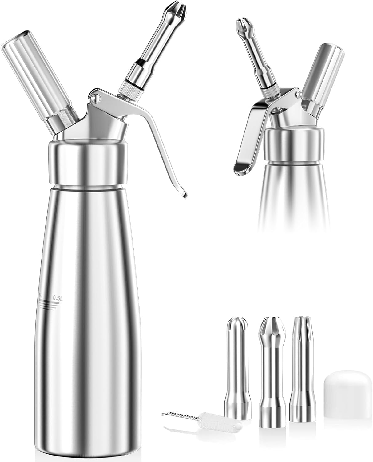 500-ml-sahnespender Aus Aluminium Mit 3 Edelstahldüsen Und 1 Reinigungsbürste, Ideal Zum Dekorieren Von Geburtstagstorten, Gebäck, Eiscreme Und Desserts.
