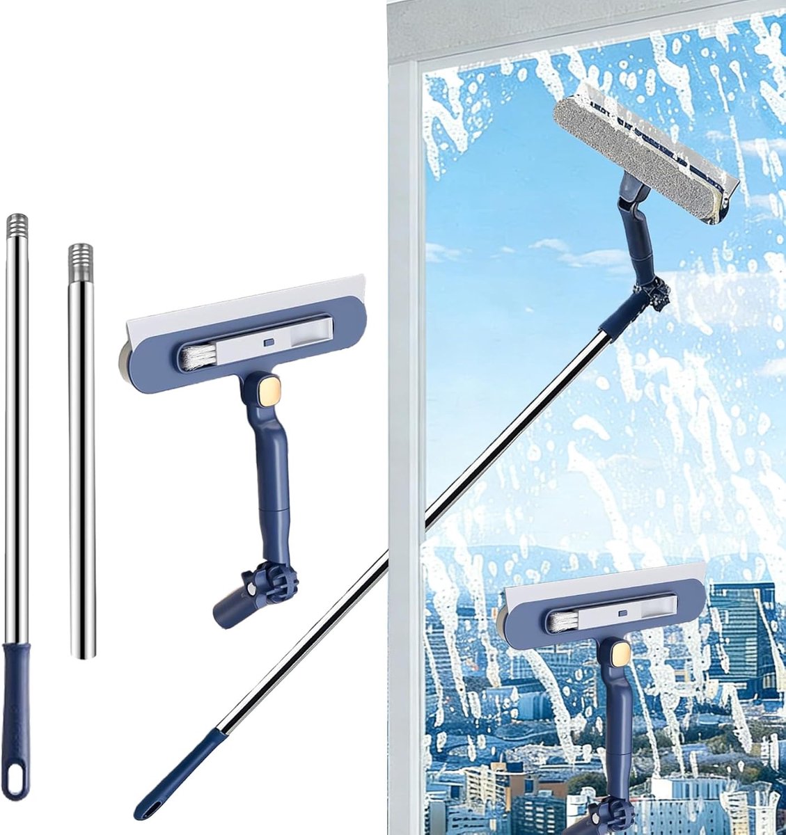 2-in-1 Ausziehbarer Fensterreiniger – Teleskopabzieher Und 120 Cm Bürste, Drehbarer Kopf Für Fenster, Spiegel Und Duschen – Blau[nx]