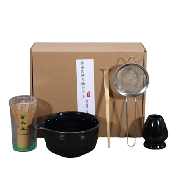 5-teiliges Matcha-tee-set Aus Keramik, Bestehend Aus Schale, Besenhalter Und Besen, Schwarze Accessoires Für Die Japanische Teezeremonie.