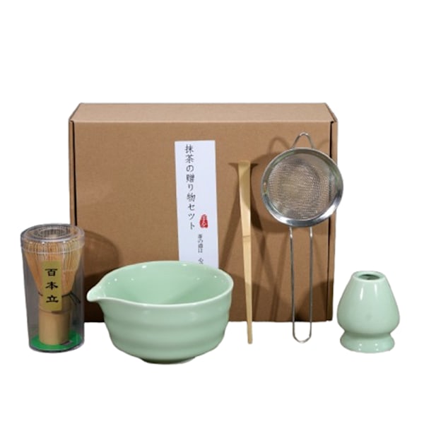 5-teiliges Matcha-tee-set Aus Keramik, Bestehend Aus Schale, Besenhalter Und Besen Türkisfarbenes Japanisches Tee-set