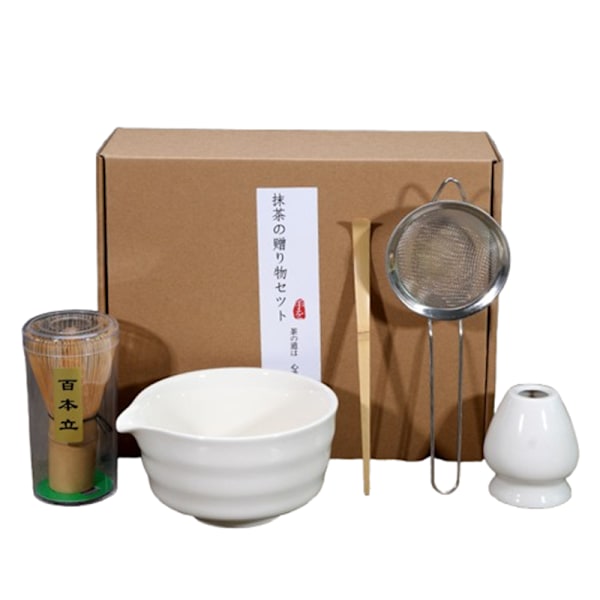5-teiliges Matcha-teeset Aus Keramik, Bestehend Aus Schale, Besenhalter Und Besen, Sowie Weißem Zubehör Für Die Japanische Teezeremonie