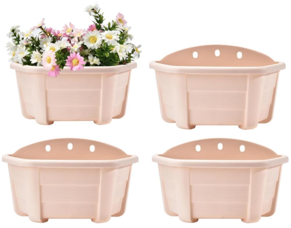 Set Mit 4 Wandmontierten Blumentöpfen, 23 Cm, Kompatibel Mit Geländern, Zäunen, Balkonen, Veranden, Innen- Und Außendekoration, Aus Kunststoff, Geeignet Für Küche, Kräuter, Pflanzen Und Garten.