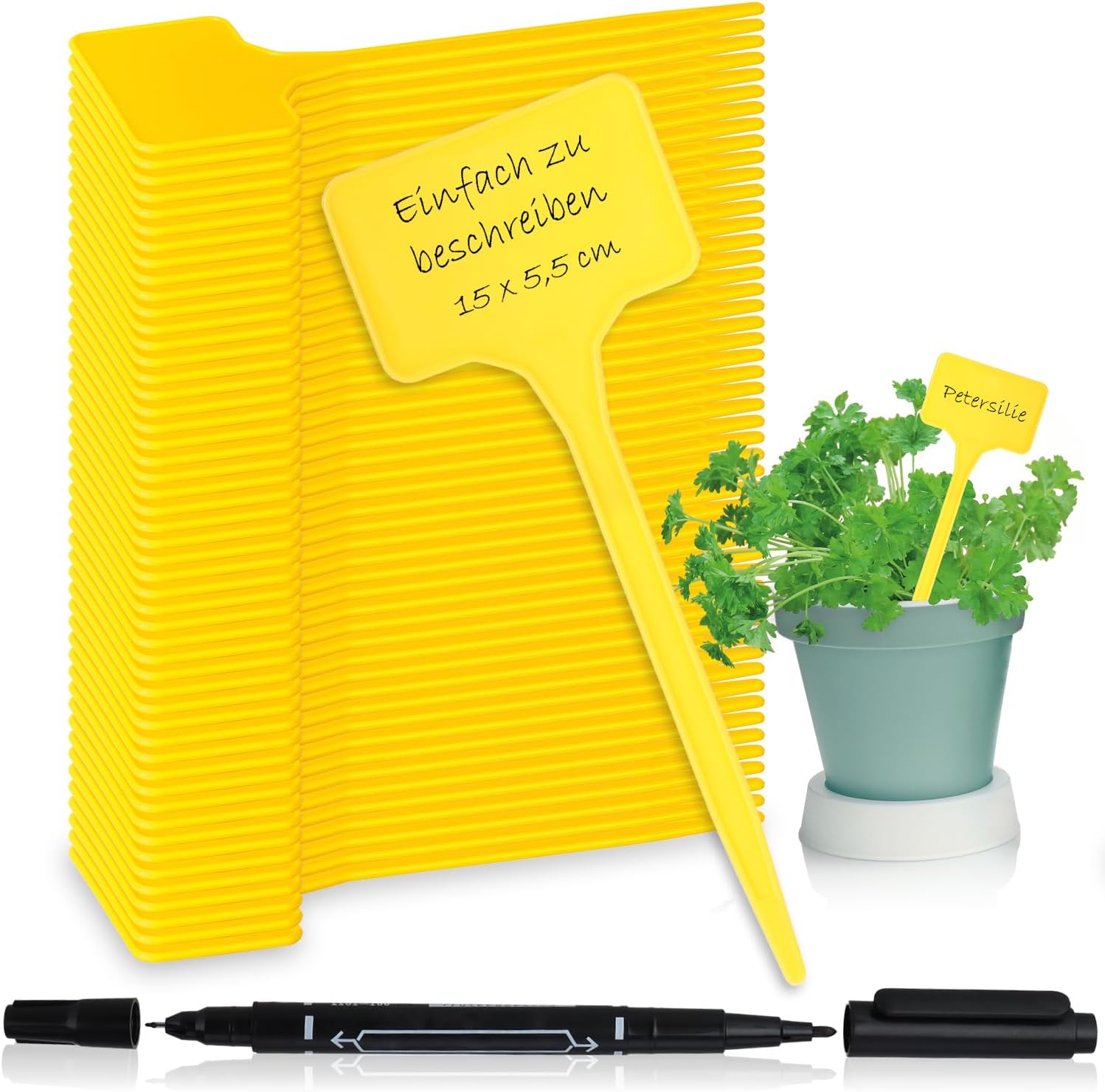 50 Pflanzenetiketten Mit Doppelseitigem Marker - Einsteckbare Gartenetiketten - Etikettenkompatible Pflanzstecker - 15 Cm Anzuchtstecker (50 Stück - Gelb - 15 Cm)