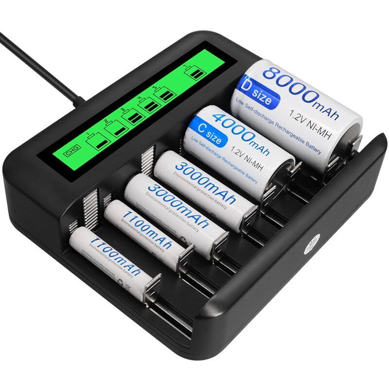Universelles 8-steckplatz-lcd-ladegerät – Kompatibel Mit Aa/aaa/c/d-batterien – Usb- Und Typ-c-anschlüsse – Erkennung Beschädigter Batterien