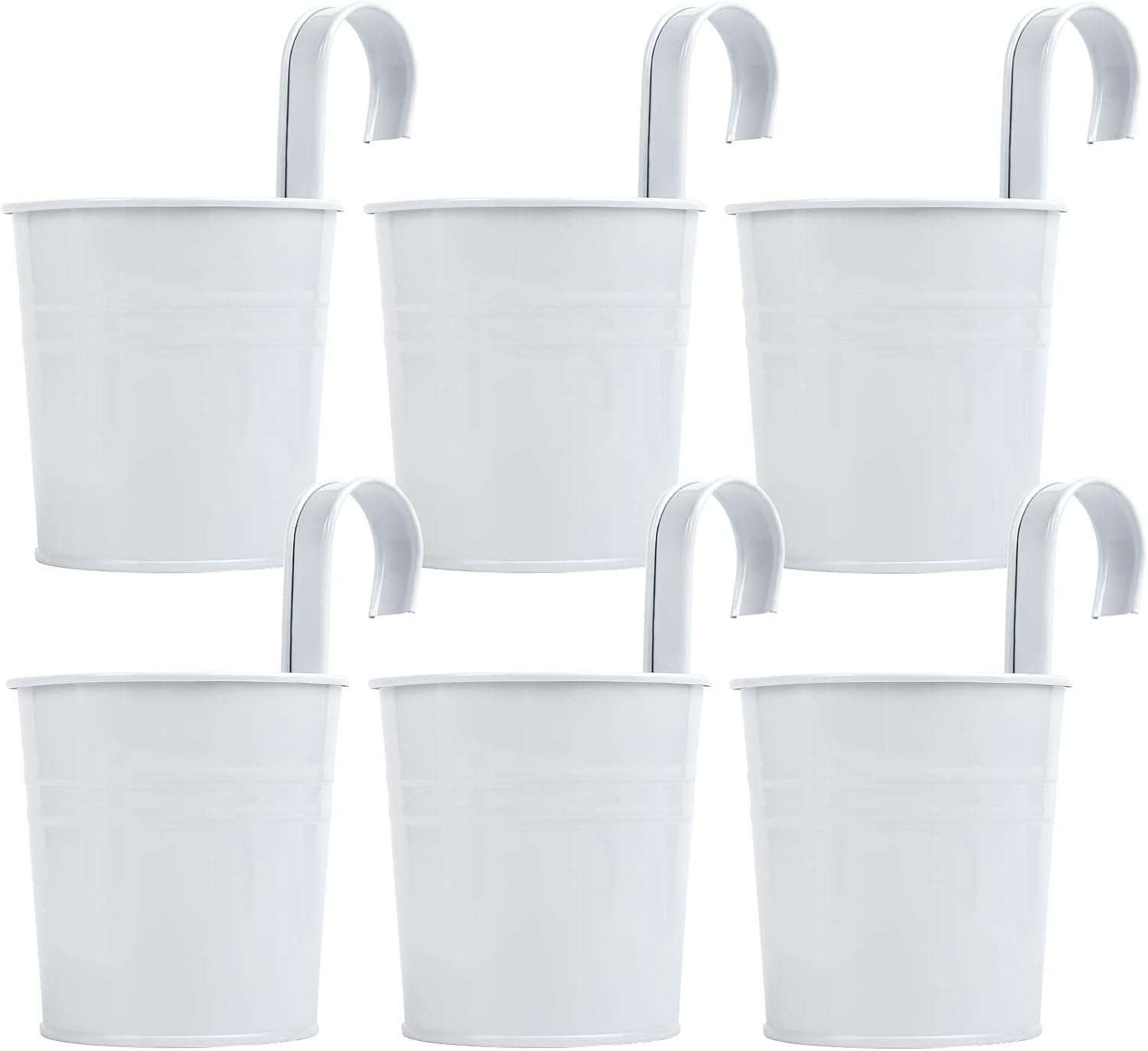 Set Mit 6 Weißen Metall-hängepflanzgefäßen Mit Abnehmbaren Haken. Geeignet Zur Gartendekoration.
