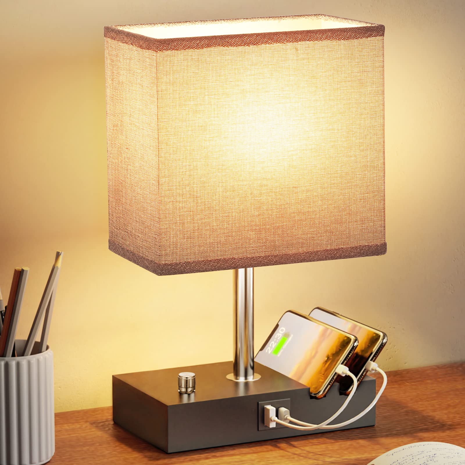 Dimmbare Nachttischlampe Mit Usb-a+c-ladeanschluss, Handyhalterung Mit Grauem Stoffschirm, Inklusive Led-leuchtmittel