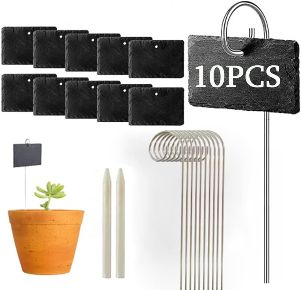 Set Mit 10 Pflanzenetiketten, Wetterfest, Wiederverwendbar, Gartenzubehör, Schilder Aus Naturschiefer Für Den Außenbereich Zum Aufhängen Mit Metallpfählen Und 2 Kreidemarkern.