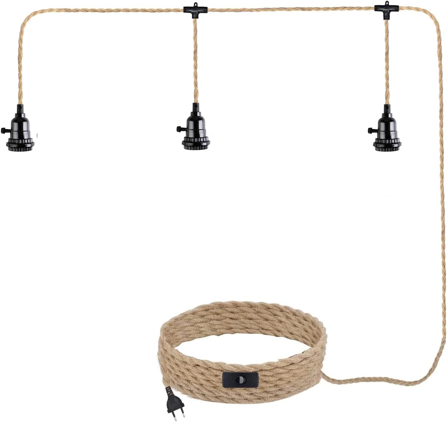 Pendelleuchte Mit Stecker Und Schalter, E27-fassung, Für Esszimmer, 3 Leuchten (leuchtmittel Nicht Enthalten), Kronleuchter Aus Hanfseil, Vintage-industriekabel, Geeignet Für Ein Schlafzimmer (selbstm