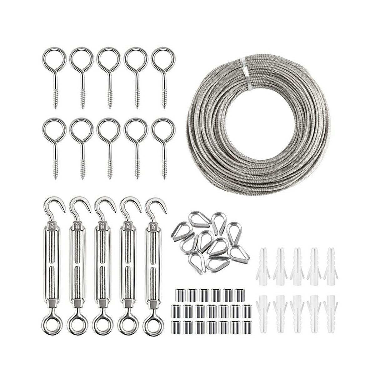 Stahlseil-set, Stahlseilspanner Für Den Garten, Aufhängungsset Kompatibel Mit Edelstahlseilen, 30 M Langes, Ummanteltes Edelstahlseil