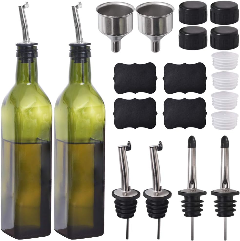 Set Aus 2 Glasflaschen, Geeignet Für Olivenöl, Öl-/essigspender Und Küchenkaraffen, Mit Ausgießer Und Trichter, Grün, 500 Ml