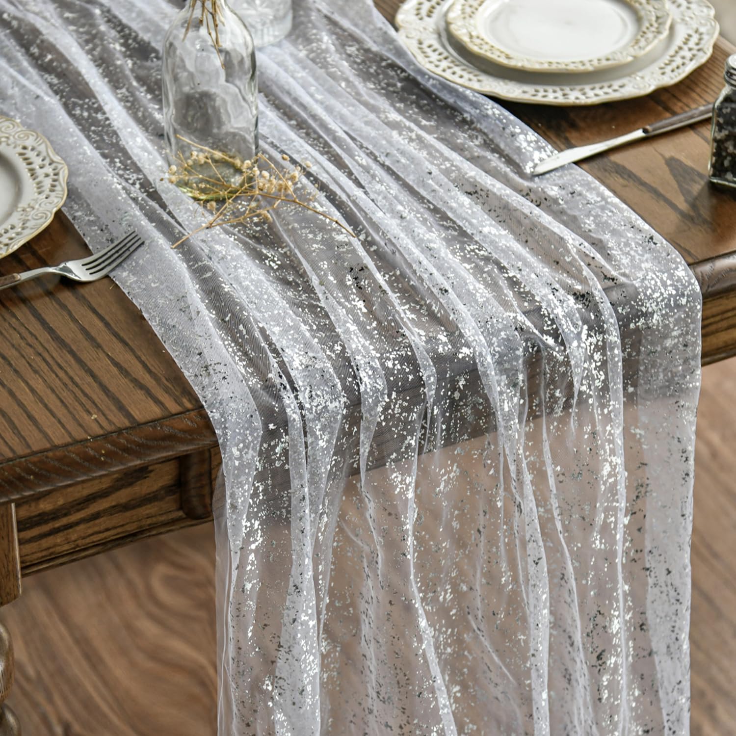 Tischläufer Aus Weißem Und Silbernem Tüll, 70 X 300 Cm, Tischdekoration. Geeignet Für Küchen, Innenräume, Partys, Geburtstage, Hochzeiten Und Empfänge.
