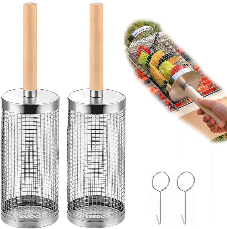 Set Aus 2 Grillkörben Aus Edelstahl 304 Mit Rollen Und Abnehmbaren Holzgriffen – Robust Und Praktisch. Geeignet Für Gemüse, Meeresfrüchte Und Alle Arten Von Grillgerichten.