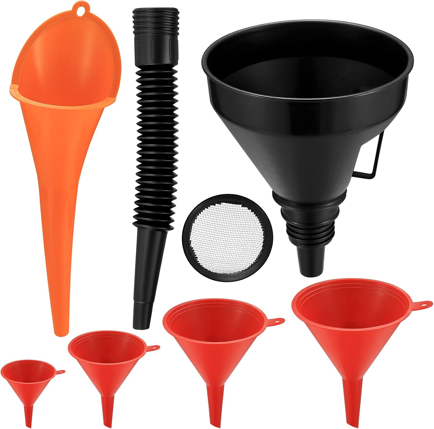 6 Flexible, Abgewinkelte Kraftstofftrichter Aus Kunststoff, Universeller Benzintrichter Mit Abnehmbarem Auslauf Und Langen Schläuchen. Geeignet Für Motorräder, Autos Und Pkw, Rot/orange/schwarz.