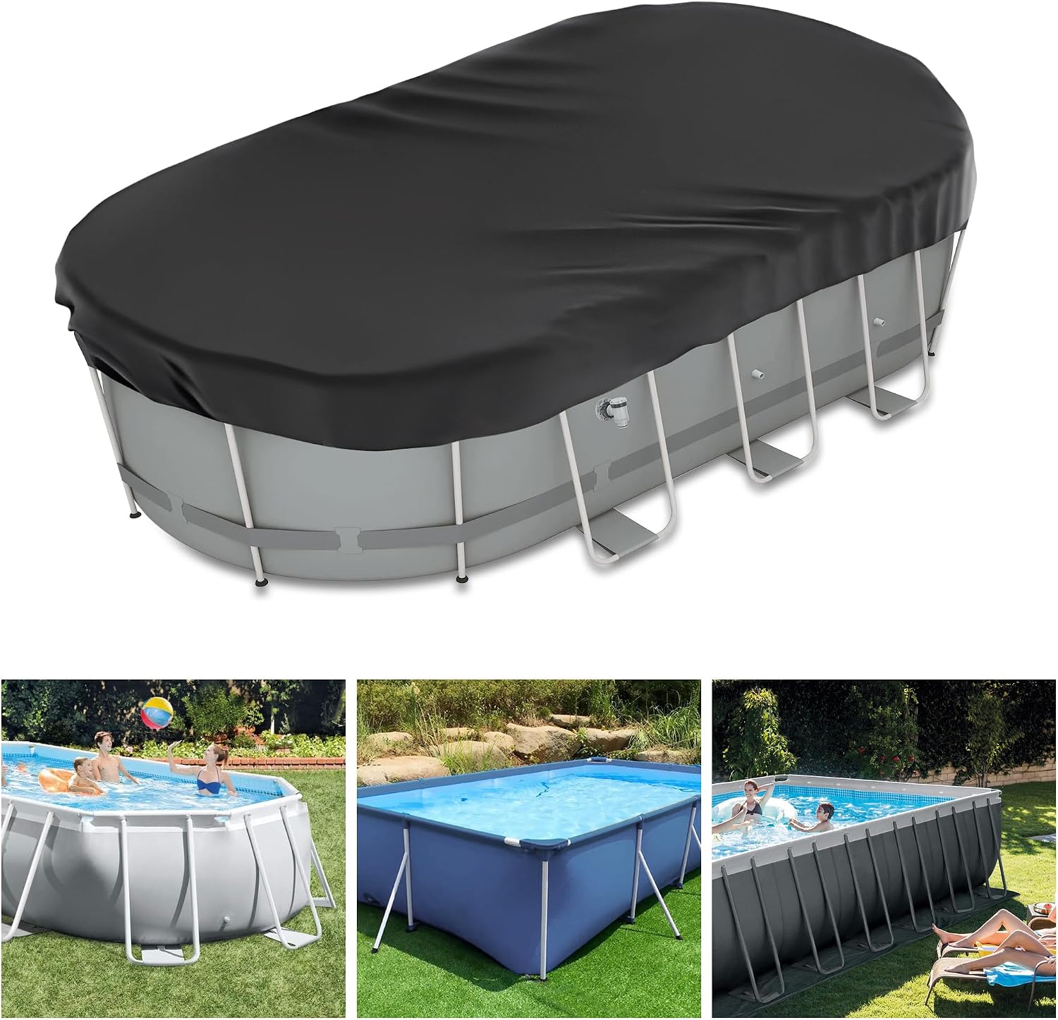 Ovale Poolabdeckung (400 X 213 M) Aus 210d Oxford-gewebe, Reißfest, Wasserdicht Und Staubdicht, Mit Kordelzug Und Befestigungsheringen. Kompatibel Mit Stabilisierungssystemen.